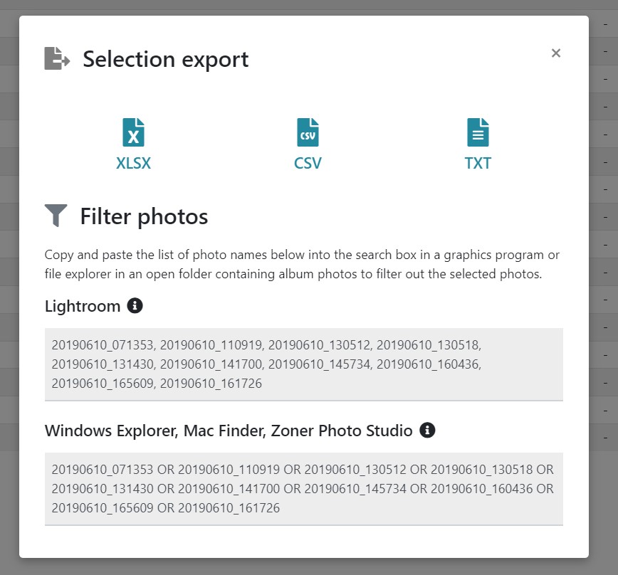 The new selection export window