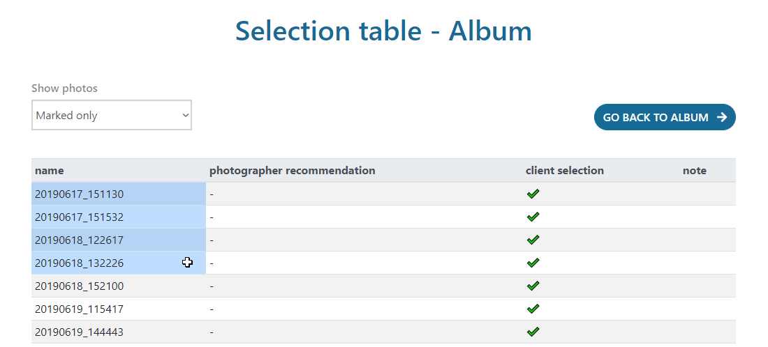 SelectPhoto selection table